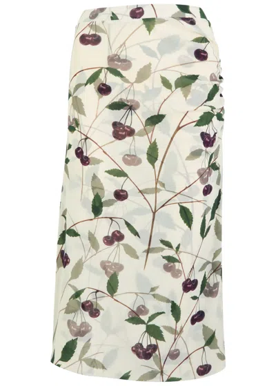 Stella Mccartney Ruched Printed Stretch-mesh Midi Skirt In Cream