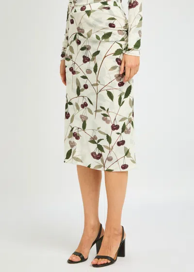 Stella Mccartney Ruched Printed Stretch-mesh Midi Skirt In Cream