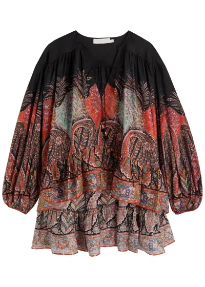 Zimmermann Rhiannon Ruffle Billow Silk Blouse In Black Paisley  In Black