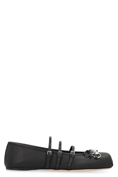 Gucci Leather Bow Detail Squared Toe Ballet Flats In Black