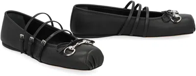 Gucci Leather Bow Detail Squared Toe Ballet Flats In Black