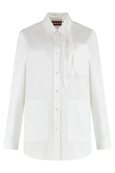 Gucci White Shirt With Pointed Collar With Tie Detail And Horsebit In Cotton Woman