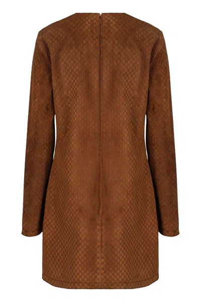 Gucci Brown Dress With Front Horsebit Details And All-over Gg Motif In Suede Woman