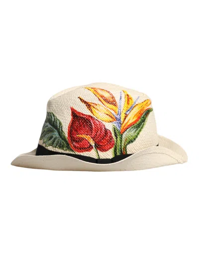 Dolce & Gabbana Beige Floral Print Straw Wide Brim Fedora Men's Hat