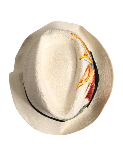 Dolce & Gabbana Beige Floral Print Straw Wide Brim Fedora Men's Hat