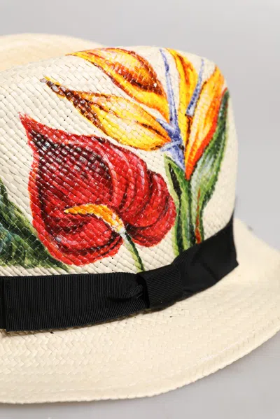 Dolce & Gabbana Beige Floral Print Straw Wide Brim Fedora Men's Hat