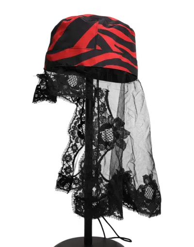 Dolce & Gabbana Black Red Stripes Lace Tulle Bucket Hat In Black