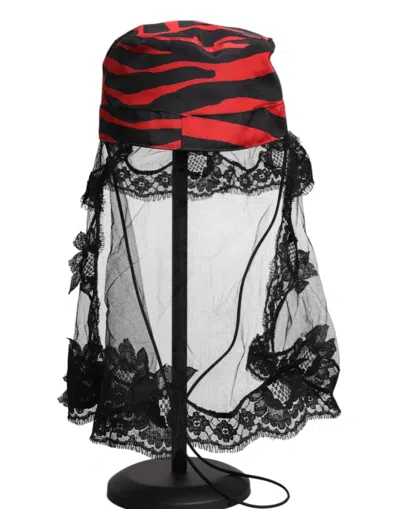 Dolce & Gabbana Black Red Stripes Lace Tulle Bucket Hat In Black