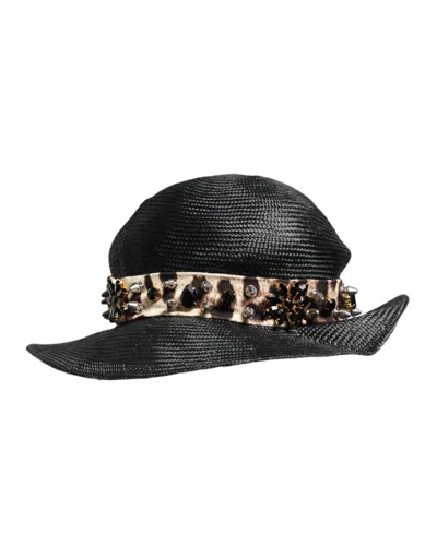 Dolce & Gabbana Black Straw Crystal Embellished Wide Brim Hat In Black