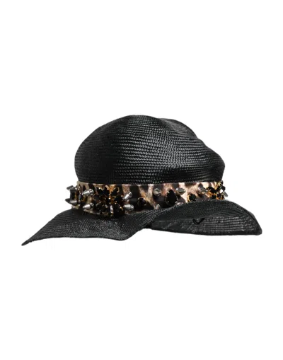 Dolce & Gabbana Black Straw Crystal Embellished Wide Brim Hat In Black
