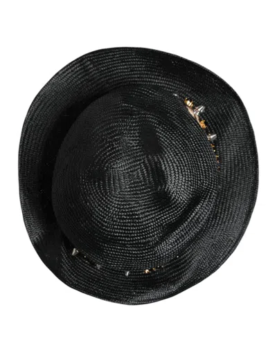 Dolce & Gabbana Black Straw Crystal Embellished Wide Brim Hat In Black