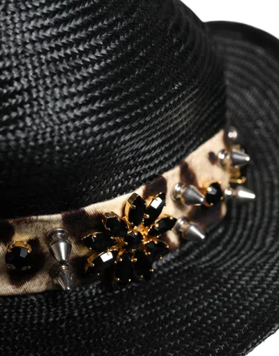 Dolce & Gabbana Black Straw Crystal Embellished Wide Brim Hat In Black