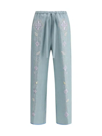 Forte Forte Linen Drawstring Pants With Floral Embroidery