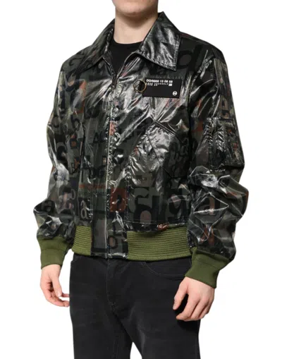 Dolce & Gabbana Green Dg Logo Print Bomber Full Zip Jacket In Green
