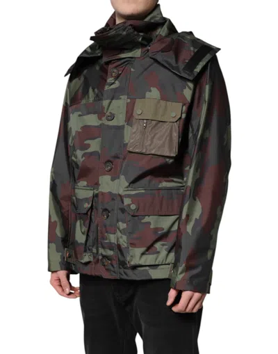 Dolce & Gabbana Multicolor Camouflage Button Hooded Jacket In Green
