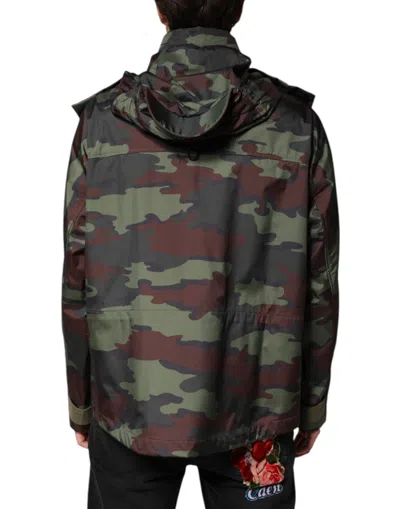 Dolce & Gabbana Multicolor Camouflage Button Hooded Jacket In Green