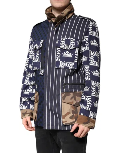 Dolce & Gabbana Multicolor Cotton Logo Patchwork Coat Jacket In Blue