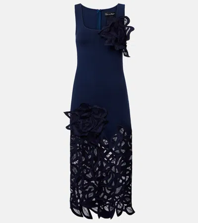Oscar De La Renta Rose Guipure Long Knit Dress In Navy
