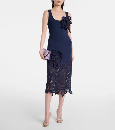 Oscar De La Renta Rose Guipure Long Knit Dress In Navy