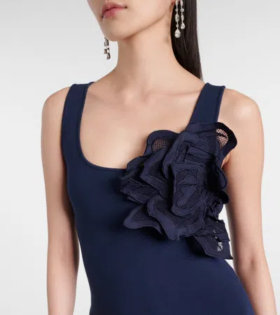 Oscar De La Renta Rose Guipure Long Knit Dress In Navy