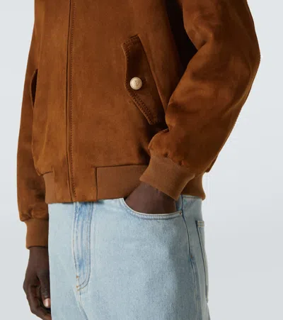 Valentino Ribbed Lambskin Suede Leather Jacket With Stand-up Collar In Brown