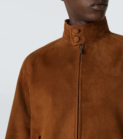 Valentino Ribbed Lambskin Suede Leather Jacket With Stand-up Collar In Brown