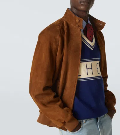 Valentino Ribbed Lambskin Suede Leather Jacket With Stand-up Collar In Brown