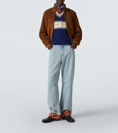 Valentino Ribbed Lambskin Suede Leather Jacket With Stand-up Collar In Brown