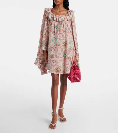 Chloé Bouquet-printed Organic Silk Crepe De Chine Mini Cape Dress