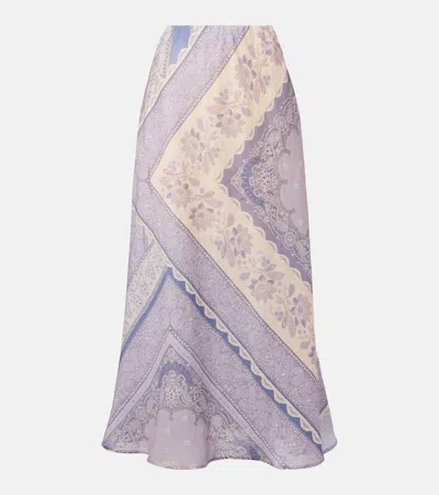 Zimmermann Lucky Floral Linen Midi Skirt In Blue