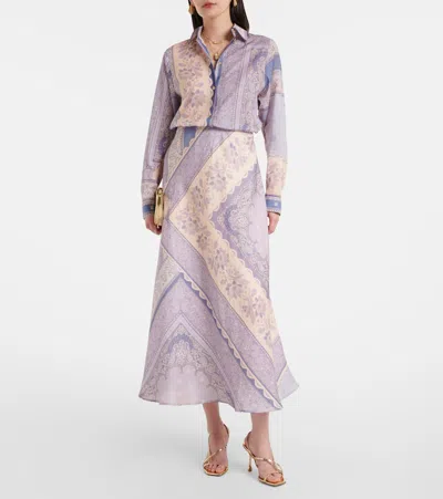 Zimmermann Lucky Floral Linen Midi Skirt In Blue