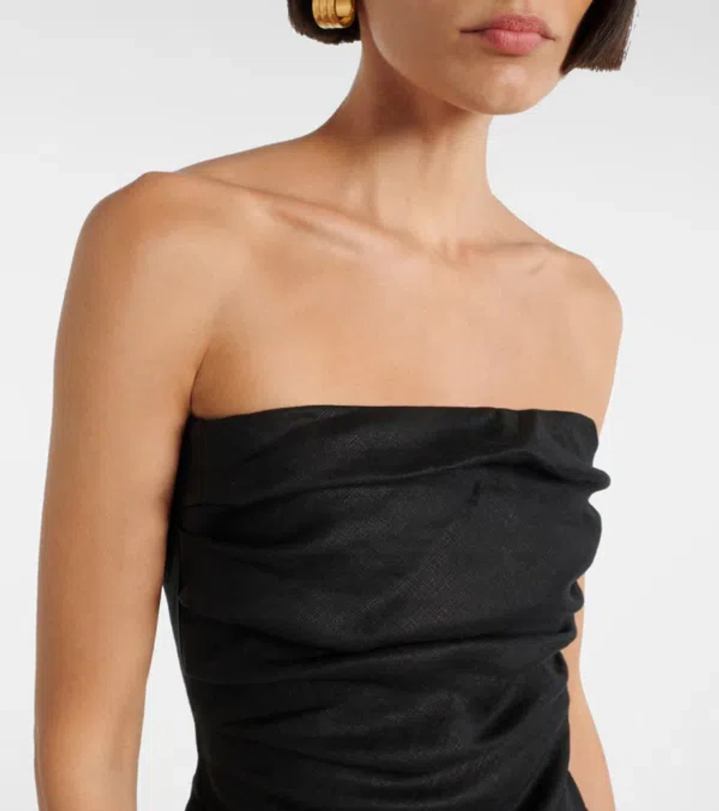 Hedy Strapless Gathered Linen And Voile Maxi Dress In Black