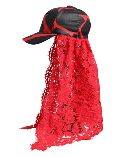 Dolce & Gabbana Red Black Lace Tulle Cotton Baseball Women's Cap