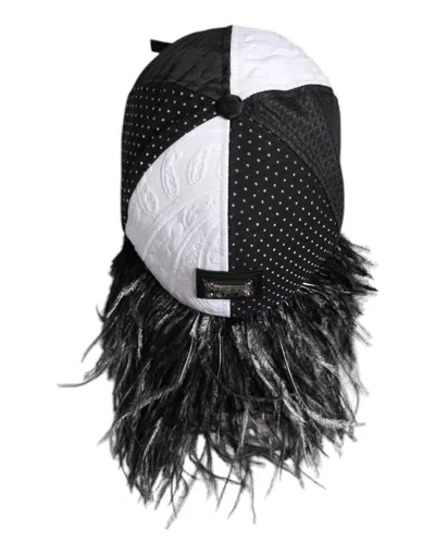 Dolce & Gabbana White Black Polka Dot Feathers Baseball Women's Cap