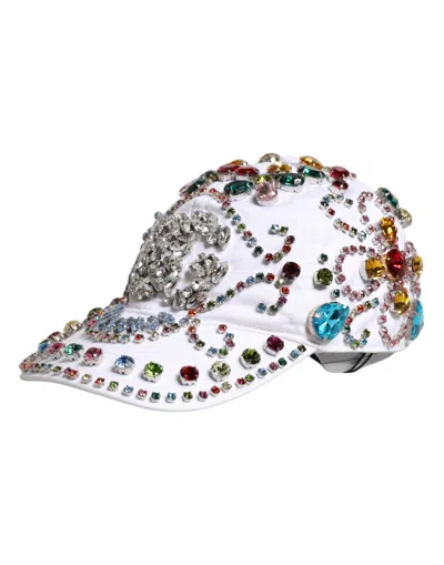 Dolce & Gabbana White Multicolor Crystal Embellish Baseball Cap In White