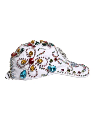 Dolce & Gabbana White Multicolor Crystal Embellish Baseball Cap In White