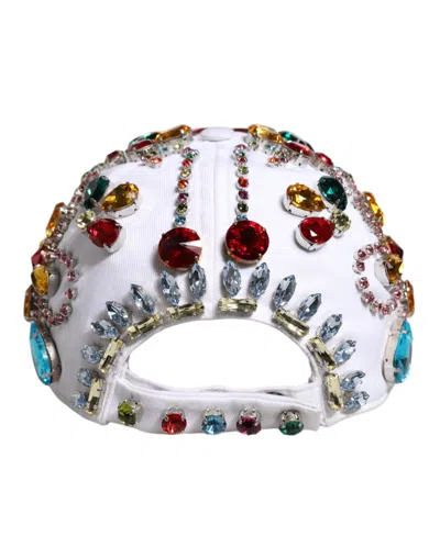 Dolce & Gabbana White Multicolor Crystal Embellish Baseball Cap In White
