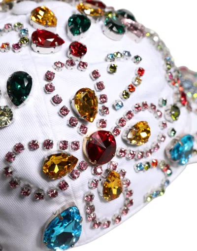Dolce & Gabbana White Multicolor Crystal Embellish Baseball Cap In White