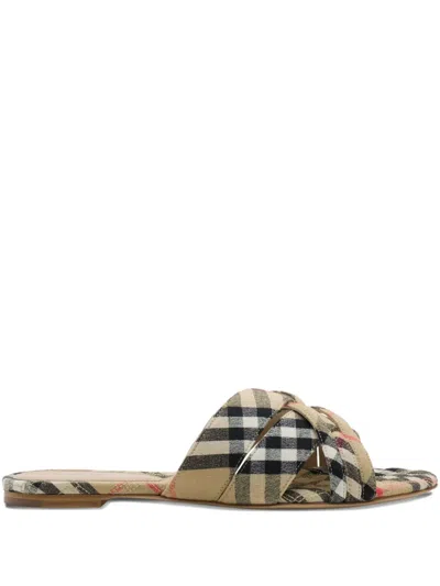 Burberry Beige Check Cabana Slides In Gold