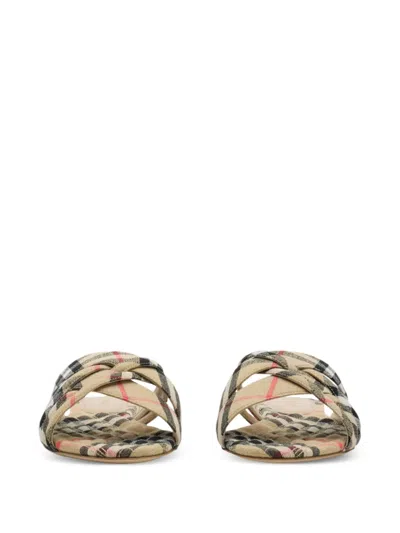 Burberry Beige Check Cabana Slides In Gold