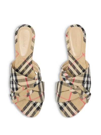 Burberry Beige Check Cabana Slides In Gold