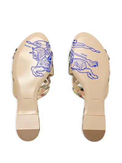 Burberry Beige Check Cabana Slides In Gold