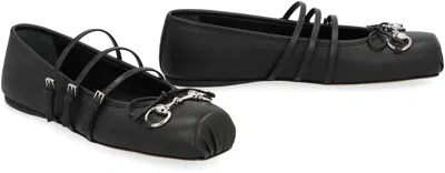 Gucci Leather Bow Detail Squared Toe Ballet Flats In Black
