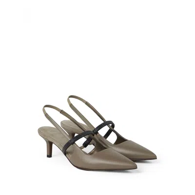 Brunello Cucinelli Grey Nappa Leather Shiny Strap City Slingback