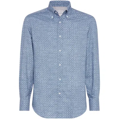 Brunello Cucinelli Floral Print Twill Basic Fit Shirt With Button-down Collar