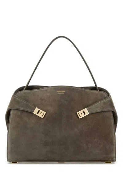 FERRAGAMO GREY SUEDE LARGE HUG SOFT SHOULDER BAG 