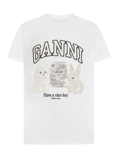 Ganni Women White Crewneck T-shirt With Maxi Logo On The Front In Cotton Woman In Multi
