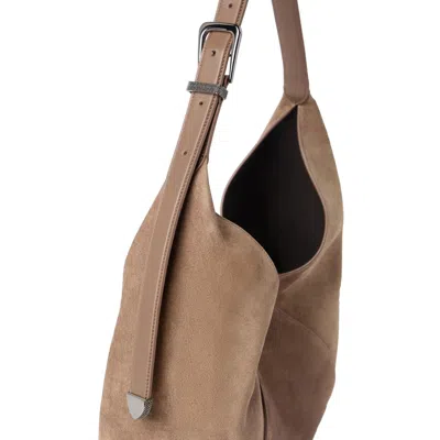 Brunello Cucinelli Tobacco Brown Calf Suede Handbag With Velvet Effect