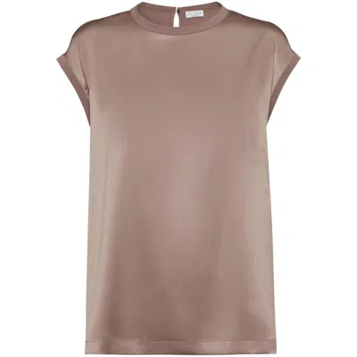 Brunello Cucinelli Lightweight Cashmere And Silk Sweater With Lurex Inserts In Brown