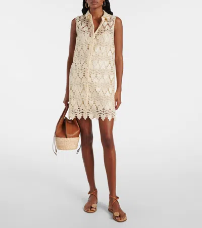 Frame The Deco Scalloped Guipure Lace Mini Shirt Dress In Yellow